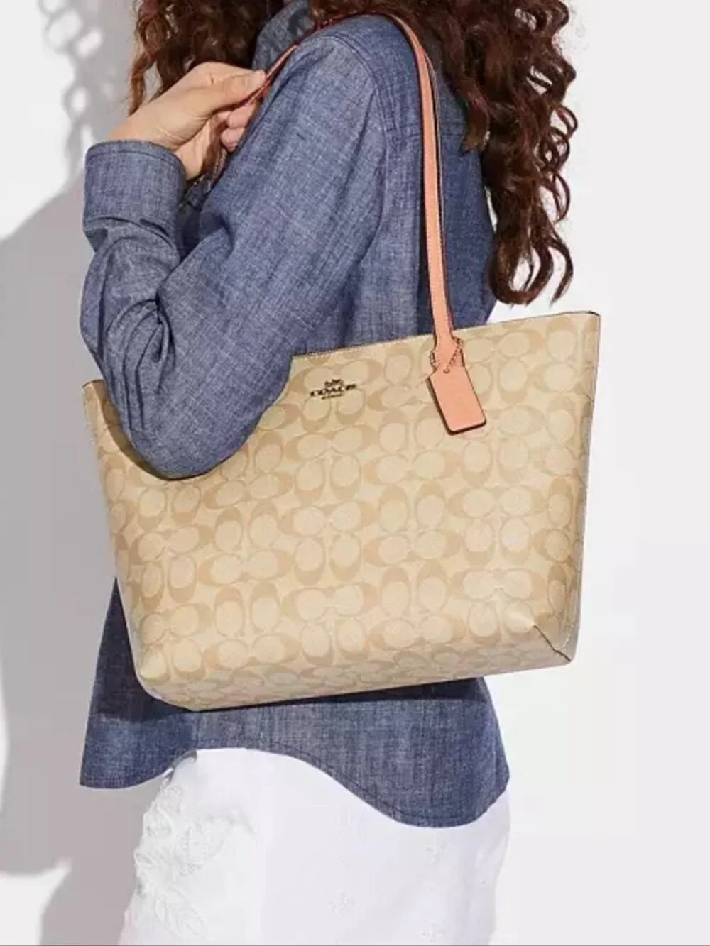 💝NEW COACH ZIP TOP TOTE IN SIGNATURE CANVAS/ LEATHER LIGHT KHAKI PINK